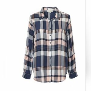Olive & Oak Plaid Herringbone Rayon Button Down Shirt XL Navy Pink Cozy Chic